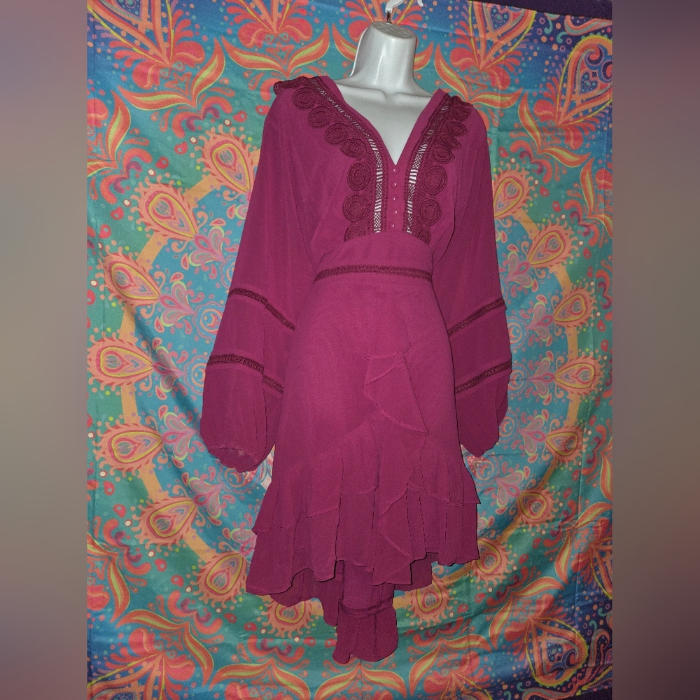 City Chic Burgundy Long Sleeve Ruffle Dress - Picture 6 of 11